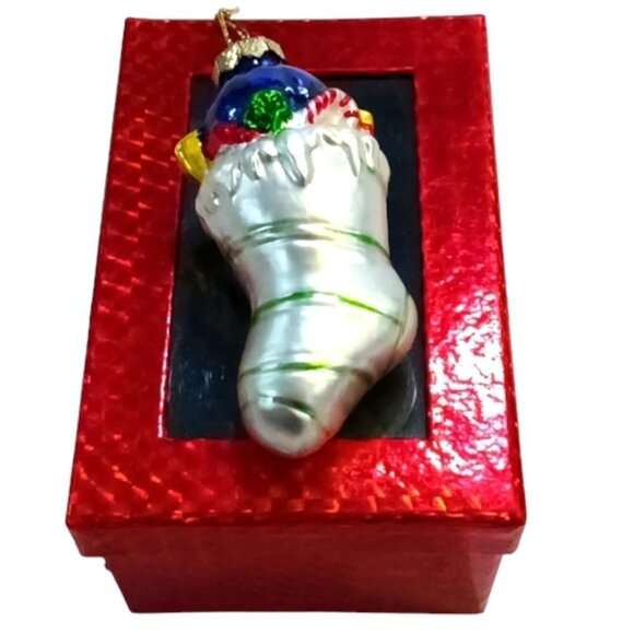New In Box Holiday Collection Christmas Tree Glass Ornament Stocking Handpainted - Picture 1 of 7